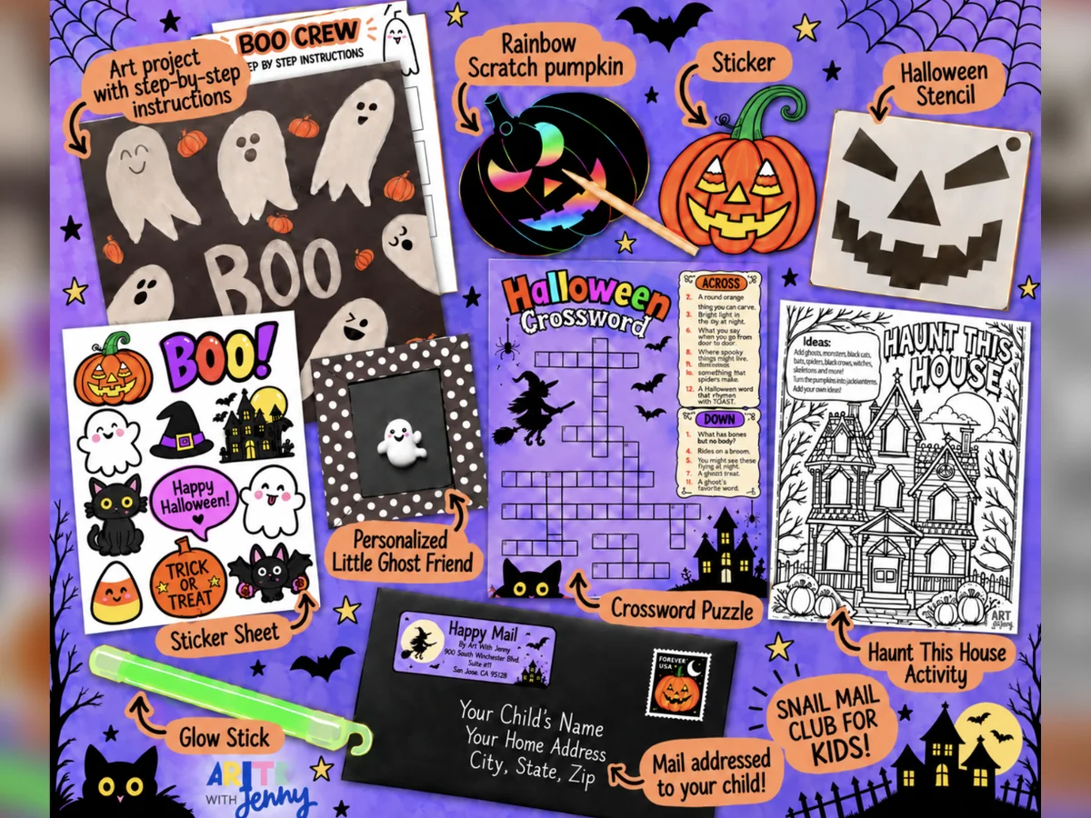 Illustrated preview of the October Halloween Happy Mail: a ghost art project with step-by-step instructions, a rainbow scratch pumpkin, sticker sheet, Halloween stencil, crossword, a haunt-this-house drawing page, a glow stick and an envelope addressed to the child